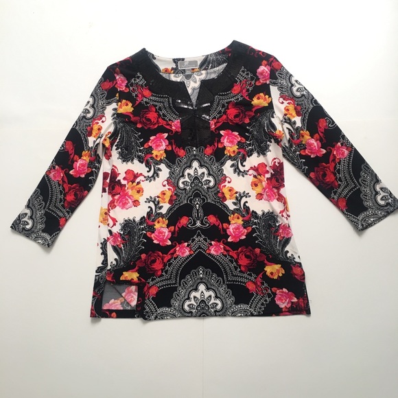 MJ Collections Women’s Size SP Floral Sequin Blouse Top Shirt Long Sleeve - Picture 4 of 12